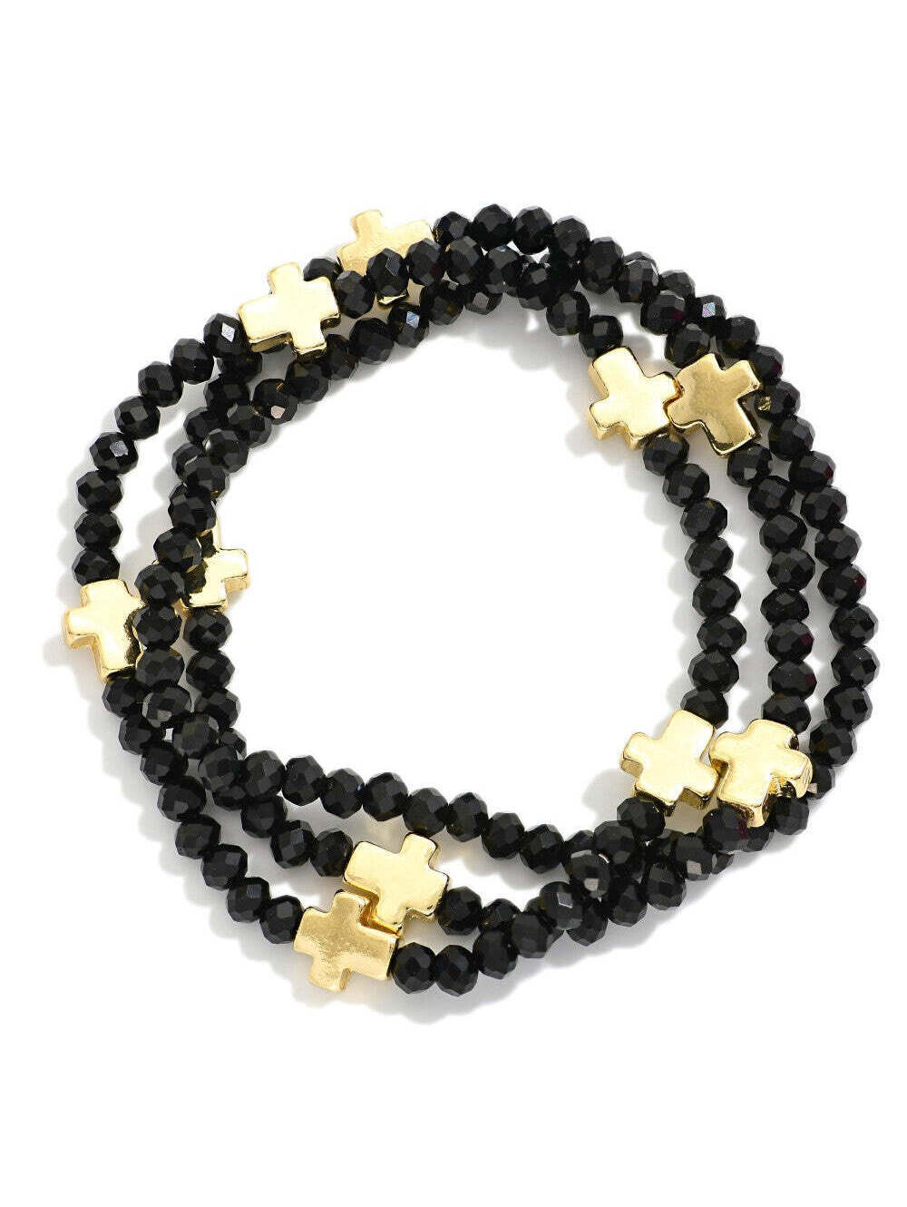 Set of Three Black Faceted Bead Stretch Stack Bracelets with Gold Cross Beads